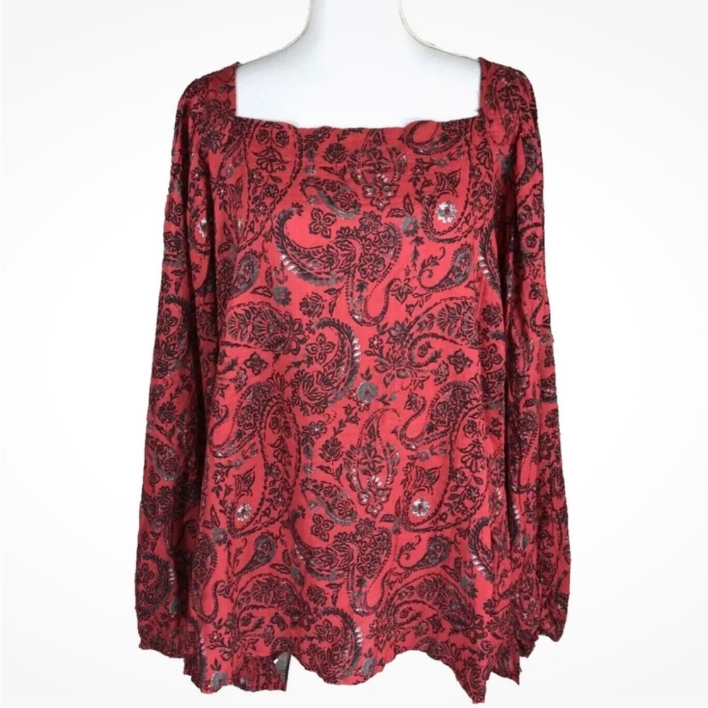 Weekend Suzanne Betro Red & Black Smocked Neck Paisley Peasant Top Sz 2X
